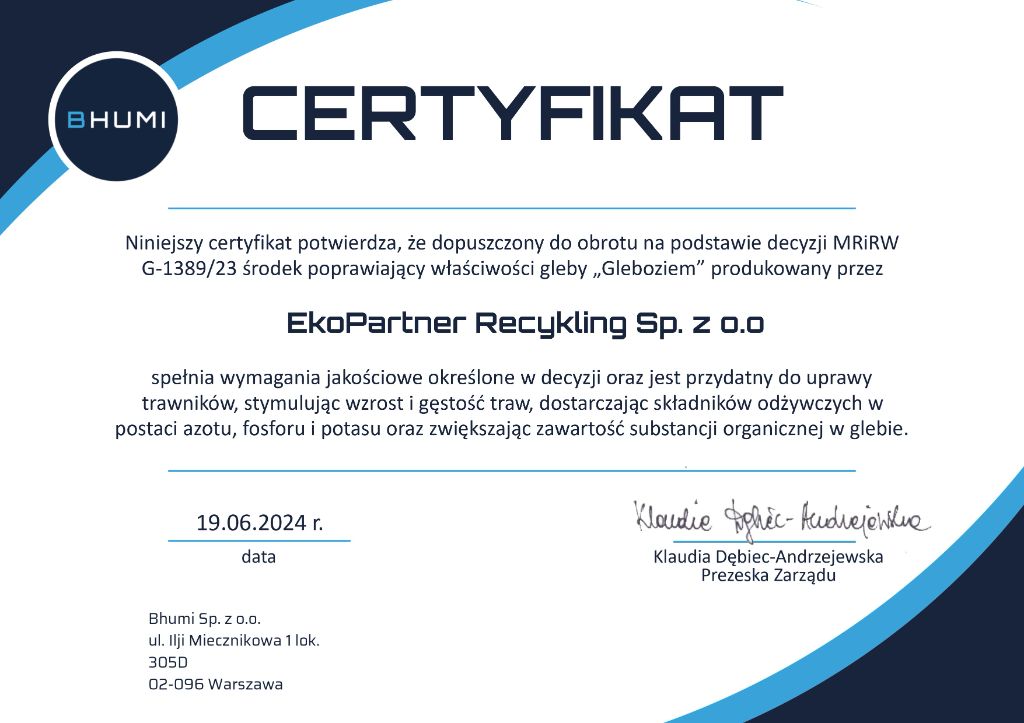 Certyfikat jakości BHUMI dla GLEBOZIEM